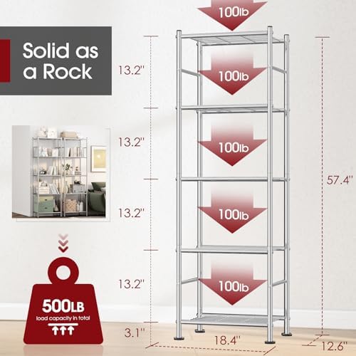 Sakugi 2-Pack 5-Tier Metal Storage Shelves, 18.4"x12.6"x57.4", Silver