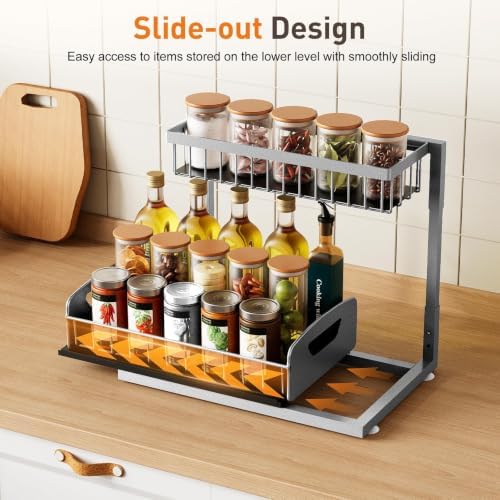 Under Kitchen Sink Organizer, Metal Pull Out Bathroom Organizers and Storage, 2-Tier Cabinet Organizer Shelf with Sliding Drawer, Home Organization for Kitchen, Laundry, Pantry, Light Grey, 2 pack