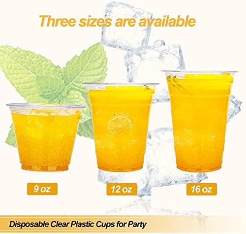 TashiBox plastic cups with lids [12 oz 100cups&100flat lids],Clear Crystal disposable plastic cups,smoothie cups