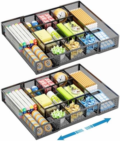 Marbrasse Expandable Desk Drawer Organizer, Mesh Drawer Organizer Tray with 10 Adjustable Compartments, Desk Organizers and Accessories for Office Supplies, Makeup & Vanity (Expandable Black-2 pack)
