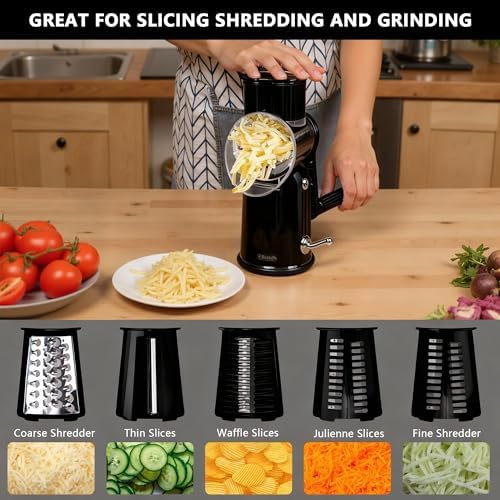 Rotary Cheese Grater with Handle, 5-Blade Cheese Shredder, BPA-Free (Black)