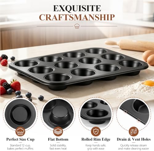 E-far 12-Cup Muffin Pan, 2 Pack Nonstick Carbon Steel Cupcake Pan Tin Tray