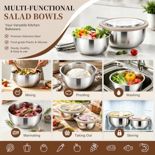 P&P CHEF Mixing Bowls with Lids Set of 3, Khaki Stainless Steel Salad Bowl