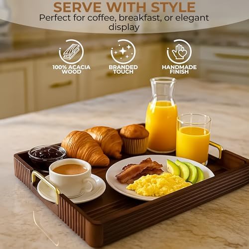 Acacia Wood Serving Tray with Metal Handle, 17x13in Tray for Ottoman