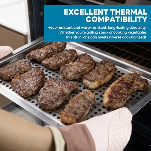 Grill pan, Grill topper for outdoor grill with hole, 17.7 * 12.6 Cooking Surface, Stainless steel grill pan for Gas Grill,camping or party (larger)
