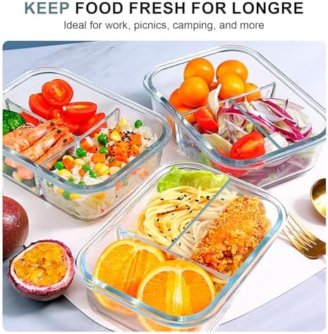 KOMUEE Glass Meal Prep Containers 3 Compartments, 5 Pack 36 oz, Green