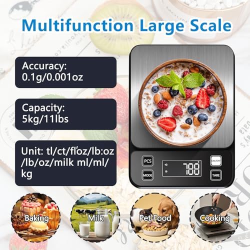 IPX7 Waterproof Food Scale 0.1g Precision Kitchen Scale, 5kg/11lb Digital Food Scale USB Rechargeable, Backlight Gram Scale Stainless Steel & Washable Digital Scale for Cooking, Baking,Weight Loss