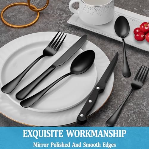 36 Pcs Black Silverware Set with Steak Knives, Stainless Steel Flatware Cutlery Set for 6, Kitchen Tableware Sets, Utensil Sets for Home and Restaurant, Dishwasher Safe