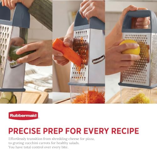 Rubbermaid EZ Grip Box Grater, Stainless Steel Cheese Grater & Container - BPA Free Multi-Surface Cheese Shredder & Food Grater Silver Blue | Graters for Kitchen -Non-Slip Base, Dishwasher Safe