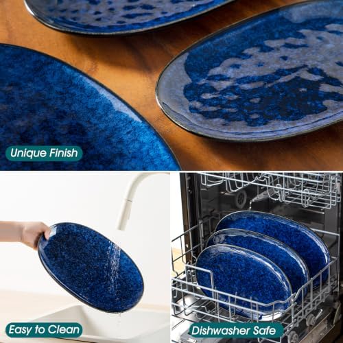 vancasso Ceramic Serving Platters Set of 3, Oval 16/14.7/13.5 Inch Stoneware Serving Dishes for Entertaining, Microwave Safe Serving Trays for Food, Turkey, Cheese, Party, Reactive Glaze Navy Blue
