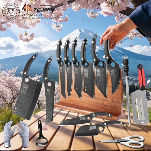 XYJ Knife Block Set, 10 Pieces Kitchen Knives with Magnetic Knife Block