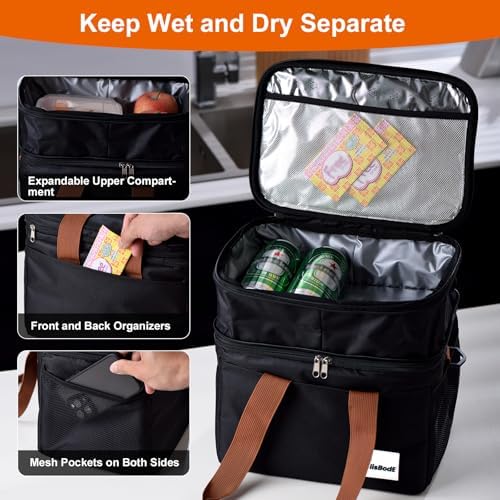 Lunch Bag Upgraded Insulated Lunch Box for Men and Women - 15-20L Expandable Double Deck, Leakproof Soft Cooler Bag with Side Tissue Pocket - Large Adult Lunch Tote for Work, Picnic, Beach (Black)