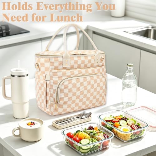 GYEUKHAM Insulated Lunch Bag for Women Men,Extra Large Lunch Box, Leakproof Reusable Cooler Tote for Adult, Everyday Soft Lunch Tote Bag for Work College Picnic Travel,C-Khaki Checkered