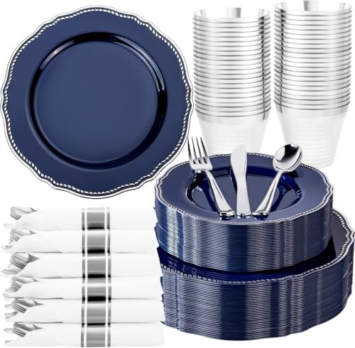 Hioasis 175 Pcs Blue Silver Plastic Plates Wedding & Party