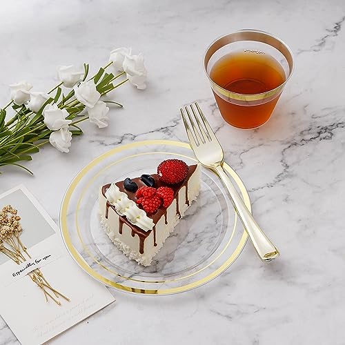BESTVIP 50Pcs Clear Gold Plastic Plates, 10.25 Inch Disposable Plates