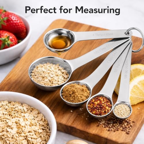 Stainless Steel Measuring Spoons Set of 6, Metal Measuring Spoons with Engraved US & Metric Measurements, Stackable with Ring Connector, Dishwasher Safe for Baking & Cooking