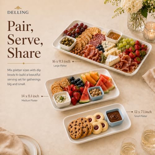 DELLING Large Serving Platter Set of 3, 16/14/12 Inch Porcelain Serving Trays for Party - White Ceramic Rectangular Platters for Entertaining, Appetizer Fruit Tray for Gethering Shower Dinner
