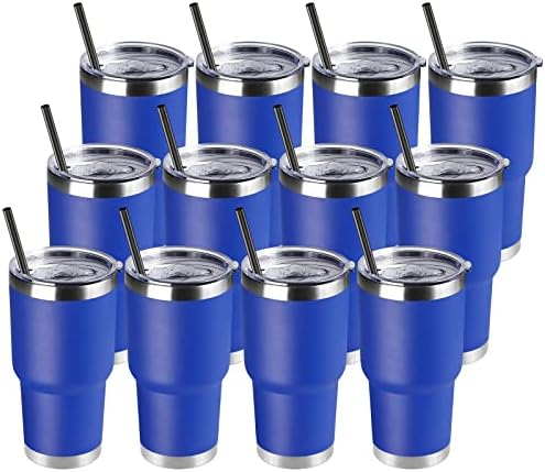 DOMICARE 30 oz Tumbler with Lid and Straw, Stainless Steel Tumblers Bulk, Insulated Vacuum Double Wall Travel Coffee Mug, Durable Powder Coated Tumbler Cups (Dark Blue, 12)