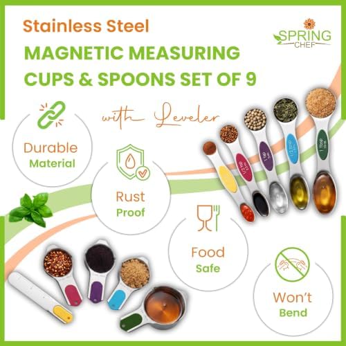 Spring Chef 9 Magnetic Measuring Cups & Spoons Set w/Leveler, Multicolor