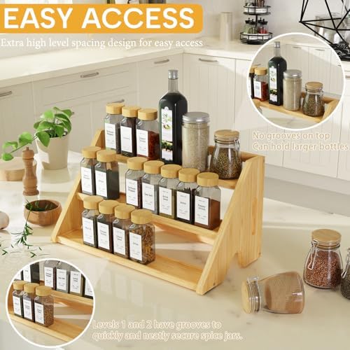 Bamboo Spice Rack Organizer -3-Tier Spice Rack for Countertop,Cabinet Spice Rack Organizer for 24 Spice Jars(4oz)，Step Shelf (yellow)