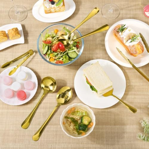 Artcochan 12 PCS Gold Serving Utensils, Stainless Steel Set Includes Large Serving Spoons, Slotted Spoons, Ladle, Forks, Tongs, Appetizers Tongs and Cake Server for Buffet Party Catering