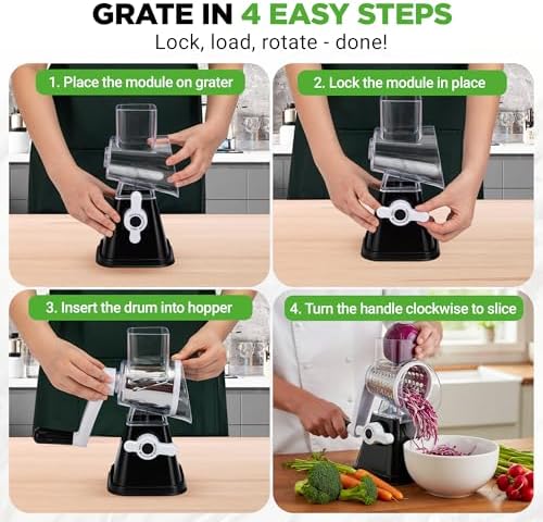 Nutrichef 3 in 1 Cheese Grater & Shredder | Strong Suction Base, Rotary Handle with Safety Lock | Includes Hand Crank & 3 Drum Blades for 3 Textures, Fine, Medium & Strips | Black