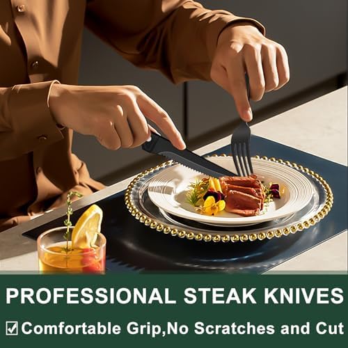 EWFEN 24-Piece Black Silverware Set with Steak Knives, Black Flatware Set for 4, Food-Grade Stainless Steel Tableware Cutlery Set, Mirror Finished Utensil Sets for Home Restaurant, Square Edge
