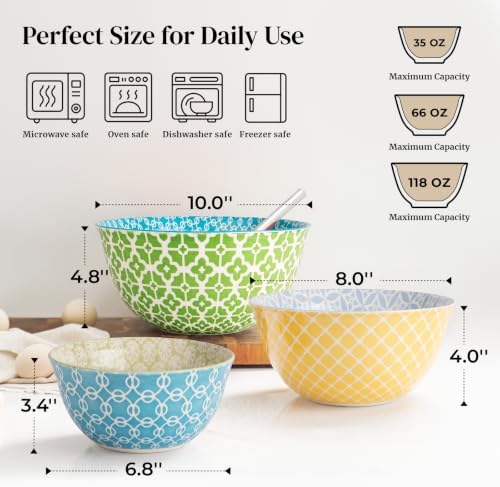 DOWAN Ceramic Mixing Bowls - Large Nesting Bowl for Kitchen, Colorful Mixing Bowl for Serving, Baking, Prep, Salad, Microwave & Dishwasher Safe, 3.7/2/1 Qt, Set of 3