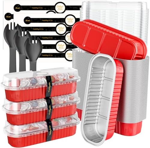 100 Pack Mini Loaf Pans with Lids and Spoons, 6.8oz Mini Cake Pans for Baking, Disposable Rectangle Aluminum Foil Small Loaf Baking Pans Cake Tins, Individual Small Cake Containers with Sticker, Red