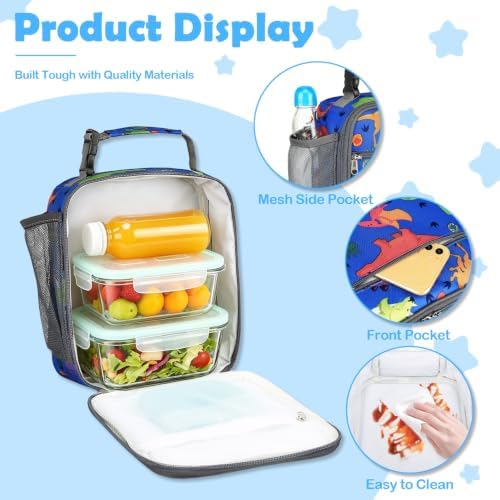 FlowFly Kids Lunch box Insulated Soft Bag Mini Cooler Back to School Thermal Meal Tote Kit for Girls, Boys, Dinosaur