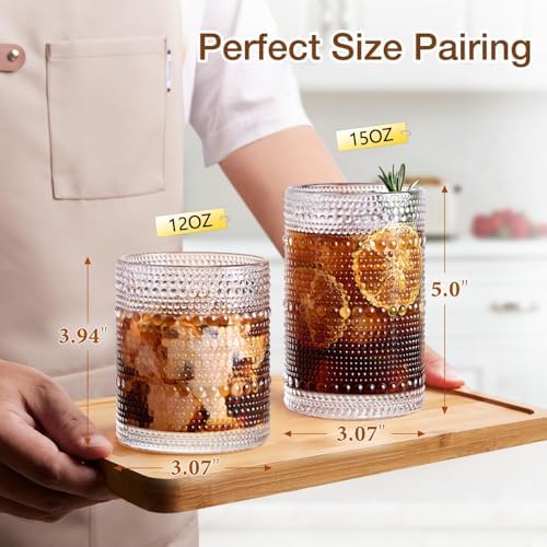 Drinking Water Glass Cups Set,Crystal Hobnail Glass set of 8,15oz&12oz