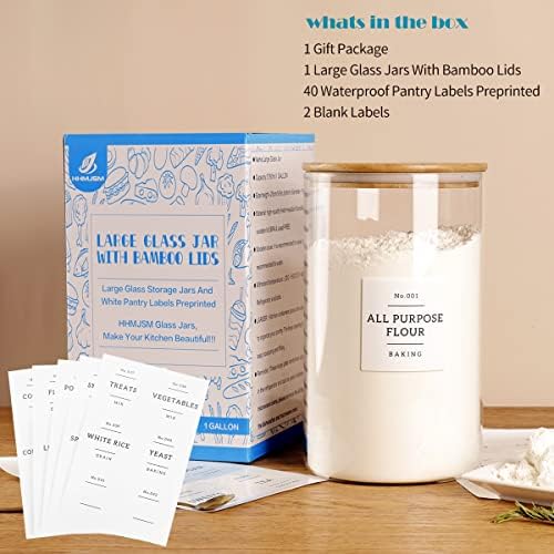 HHMJSM 1 Gallon Large Glass Food Storage Containers With Airtight Bamboo Lid - Kitchen Glass Storage Jars Canister With 42 Pantry Labels - Thicken Big Clear Rice Containers For Your Pantry