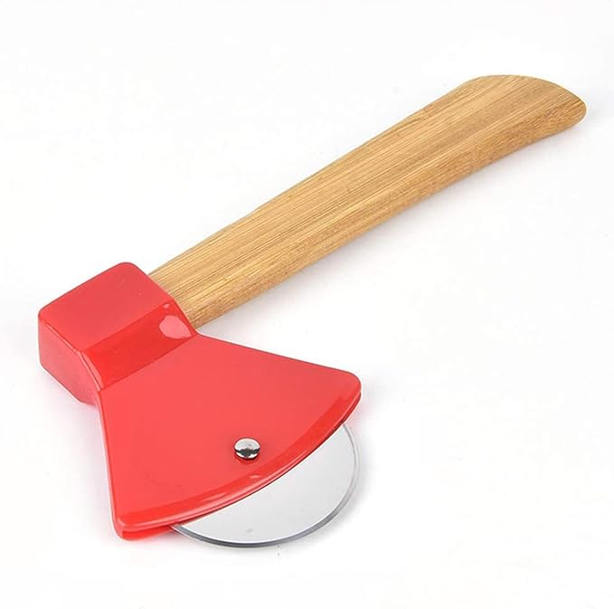 Funny & Cool Axe Pizza Cutter - Unique Men Dad Tool With Steel Сircular Saw, Plastic Cover for Wheel Blade Knife & Bamboo Handle - Cute Kitchen Gadgets Nonstick Stuff Slicer Accessories