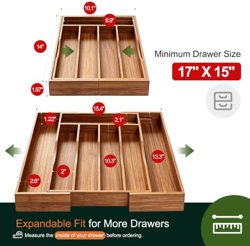 Expandable Acacia Kitchen Drawer Organizer for Cutlery and Utensils, Adjustable Acacia Wood Cutlery Tray in Drawer for Flatware and Silverware in Kitchen