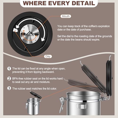 ShanSon Coffee Canister Airtight, Stainless Steel Bean Storage Container with Date Tracker & Scoop, Grounds Sugar Flour Tea Cereal Fits Kitchen Pantry, Ideal Gift for Coffee Lovers,16oz,Silver
