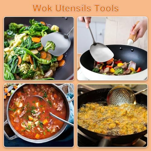 FJNATINH 17inch Wok Spatula and Ladle, Skimmer Spoon, Slotted Turner Spatula Set 304 Stainless Steel Kitchen Utensils Sets, 4-Pieces Cooking Utensils Tools Wok Accessories