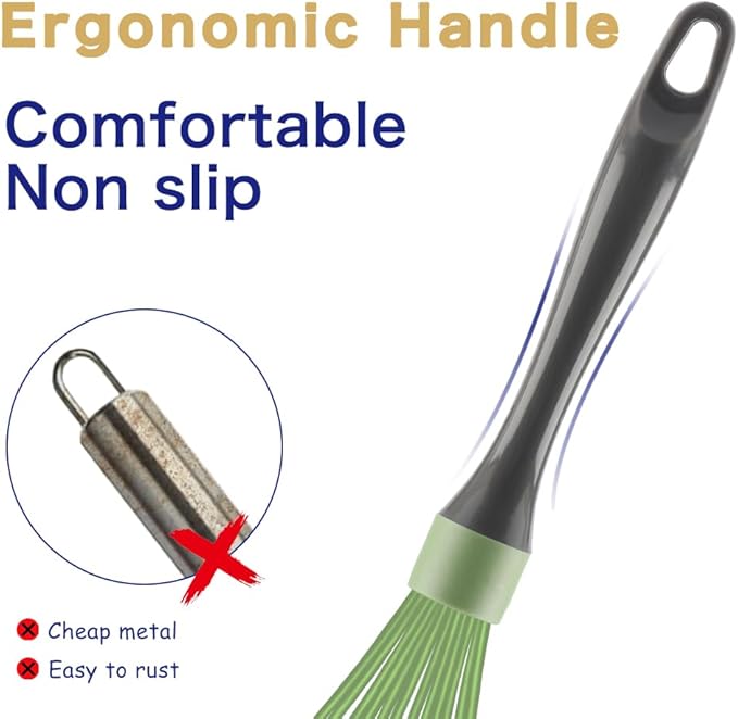 Green Silicone Whisk, Professional Plastic Whisks for Cooking Non-Scratch, Stainless Steel & Heat Resistant Rubber Wisk, Dishwasher Safe, 12-Inch