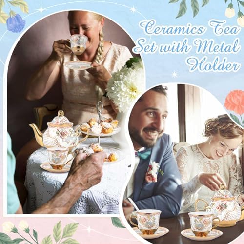 Zhehao 20 Pcs Porcelain Tea Set for Adult, with Metal Holder, Refined