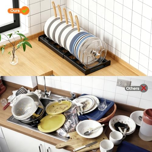 Nigelia Pots and Pans Organizer for Under Cabinet 22" Expandable Food Storage Container Lid Organizers with 10 Adjustable Dividers Pot and Pan Lid Holders Rack Inside Cabinet&Kitchen Countertop(Black)