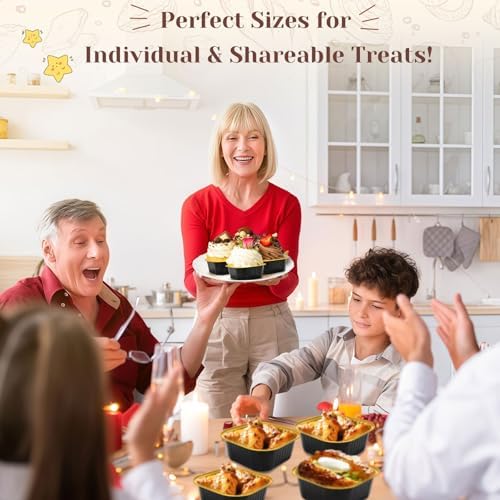 YQER 60 Pack 10oz Mini Cake Pans with Lids, Spoons, Stickers - Disposable Square Brownie Baking Cups - Individual Small Aluminum Foil Loaf Tins for Muffin, Ramekins, Cupcake - Catering, Gift, Black