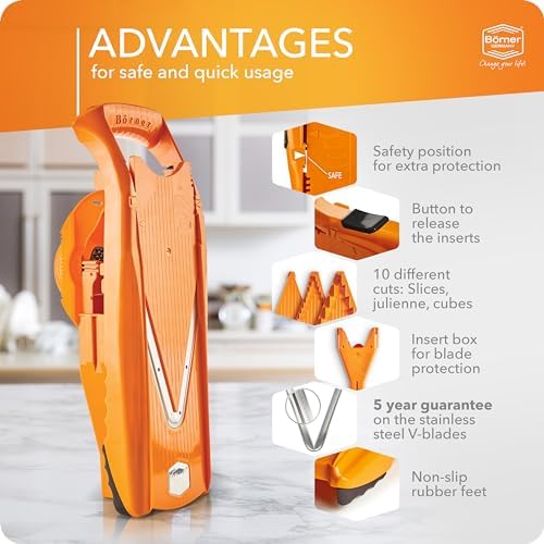Börner Mandoline Slicer V5 (Starter Set) • Vegetable V-Slicer for Slices, Sticks & Dices in Various Sizes • With Stainless Steel V-Blade • Adjustable Kitchen Slicer • Color: Orange