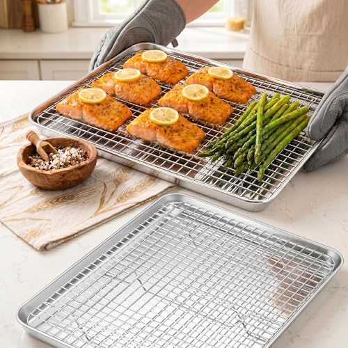 Homikit Large Baking Sheet with Wire Cooling Rack (2 Pans+2 Racks) 20”x14”