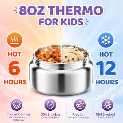 Itslife Bento Lunch Box for Kids with 8oz Soup Thermo&Lunch Bag, Leak-Proof Lunch Food Containers with 4 Compartment, Hot Food Insulated Food Jar for Kids School (Purple)