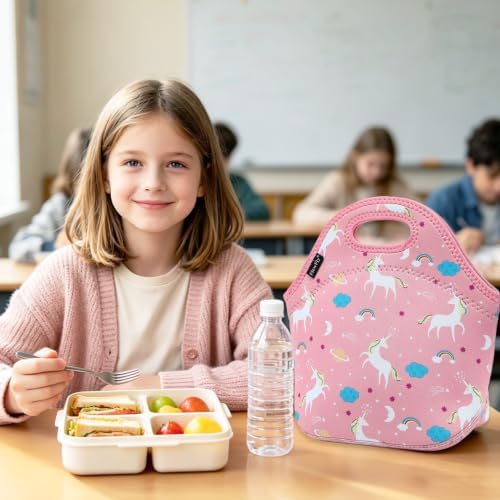 FlowFly Neoprene Lunch Tote Insulated Thermal Reusable Lunch Bag Box for Boys Men with Zipper,Unicorn