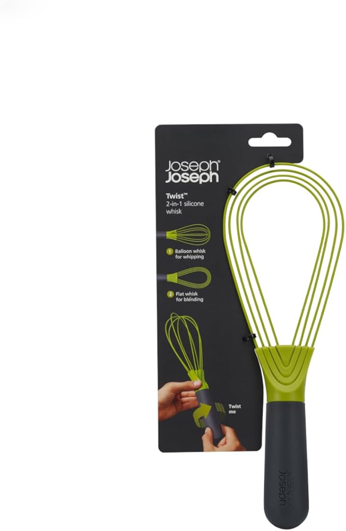 Joseph Joseph Twist Whisk 2-In-1 Collapsible Balloon and Flat Whisk Silicone Coated Steel Wire, Gray/Green