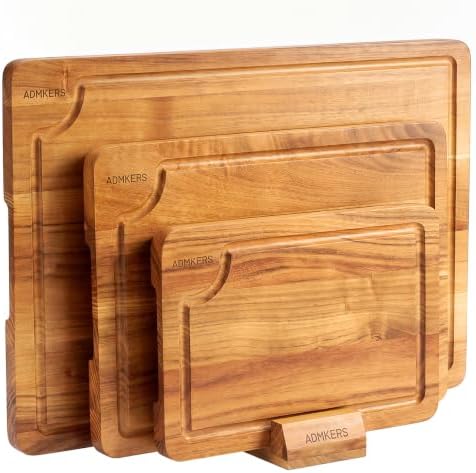 Teak Wood Cutting Board for Kitchen with Storage Stand, (Set of 3)