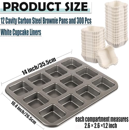 12 Cavity Brownie Pan with Dividers, Non Stick Square Carbon Steel Muffin Baking Bakeware with 300 PCS Parchment Liners, Dark Gray