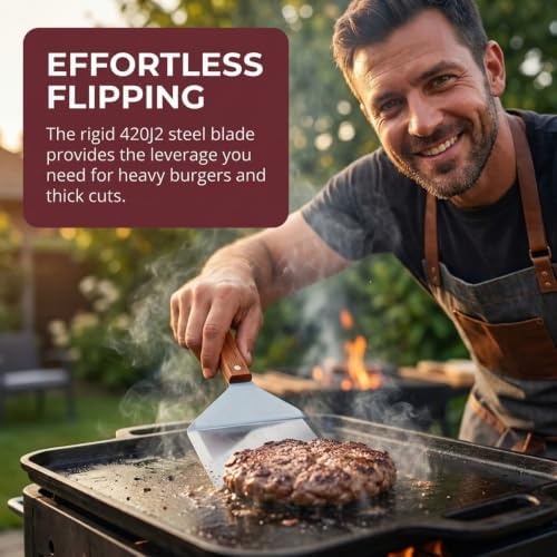 Extra Wide Spatula with Beveled Edges, Oversized Stainless-Steel Spatula with Wood Handle for Skillets, Griddles & Pancake Flipper for Burgers, Omelet, and Versatile for Culinary Task, 6 x 5-inches