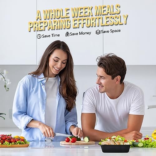 100-Piece (50-Pack) 34 OZ Meal Prep Containers Reusable with Lids, Sturdy Leakproof & Food Safe, Microwave, Freezer, Dishwasher Safe To Go Food Containers, Plastic Take Out Containers, Black
