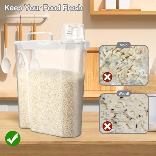 Komzon Rice Storage Containers 20lb, Airtight Cereal Containers Storage, with Pouring Spout Portable Handle for Flour, Pasta, Grain and Baking, Pet Dog Cat Bird Food Container White